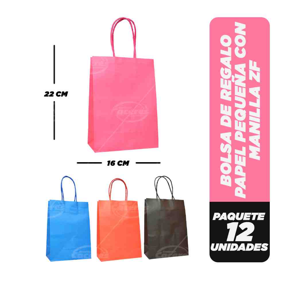 BOLSA DE PAPEL COLOR CON MANILLA (12 unidades)